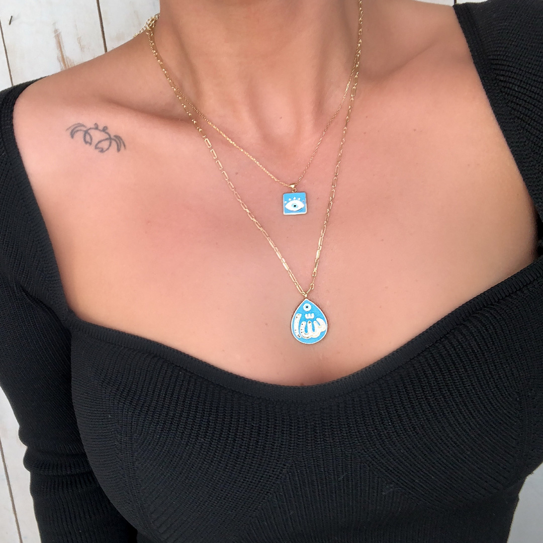 Mavi mineli tasarim Allah kolye