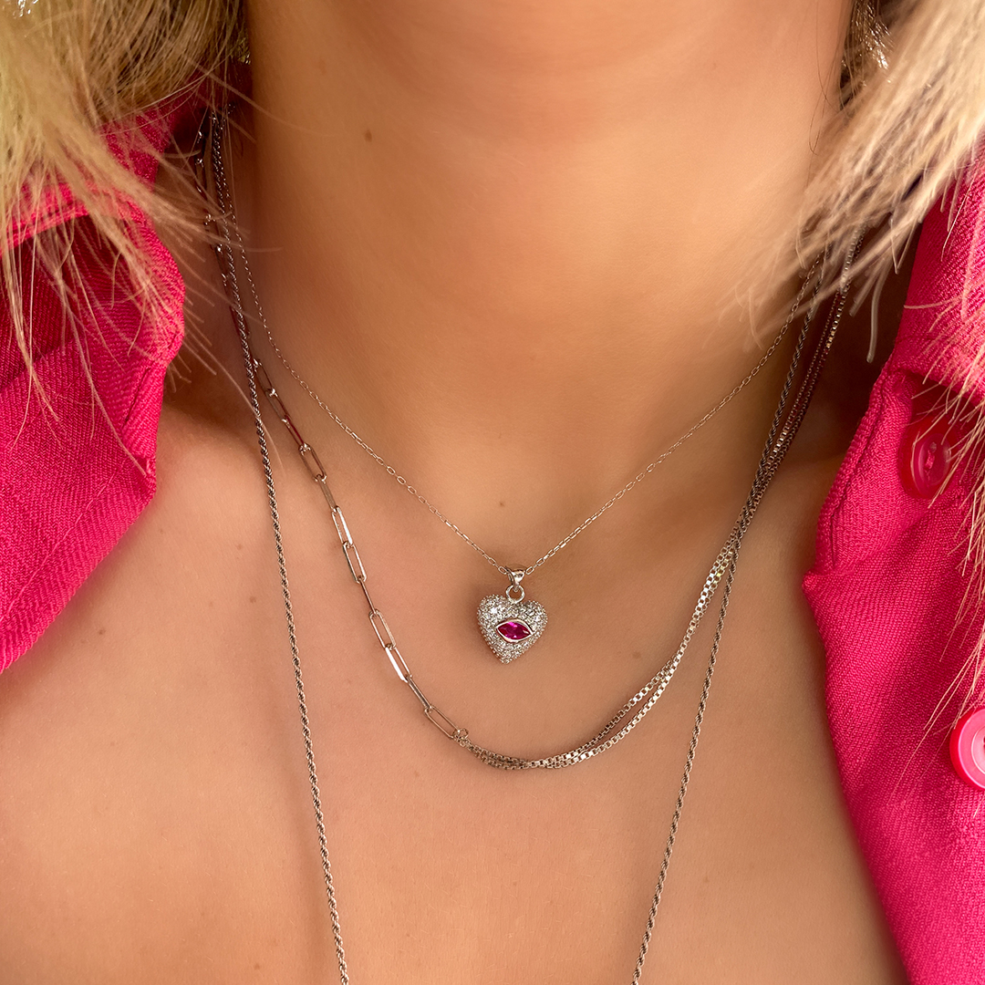 Kırmızı Taşlı Kalp Silver Kolye