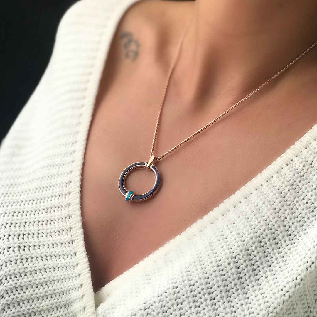 Gold  Mineli Lacivert Elips Kolye