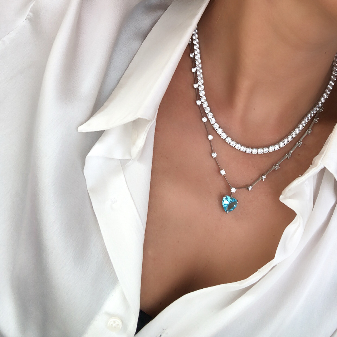 Sıra Taşlı Mavi Kalp Kolye 2